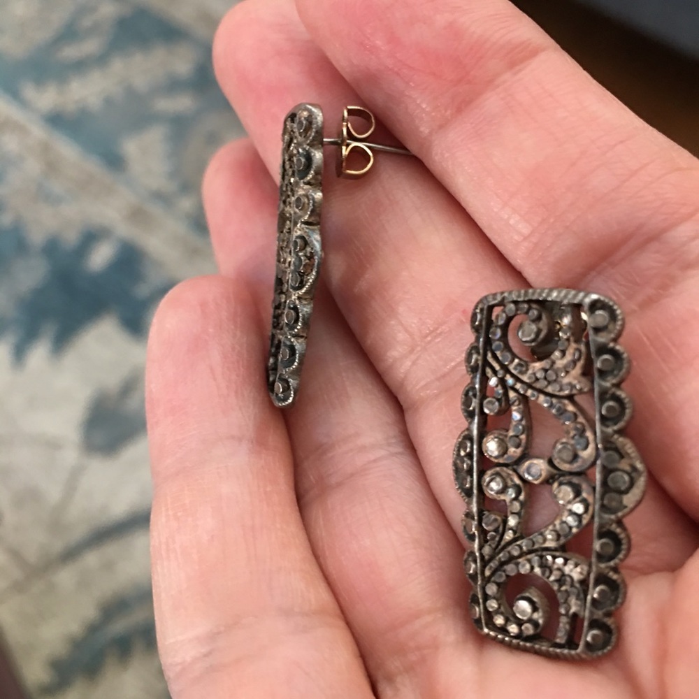 Antique Solid Sterling Silver Marcasite Large Ear… - image 4